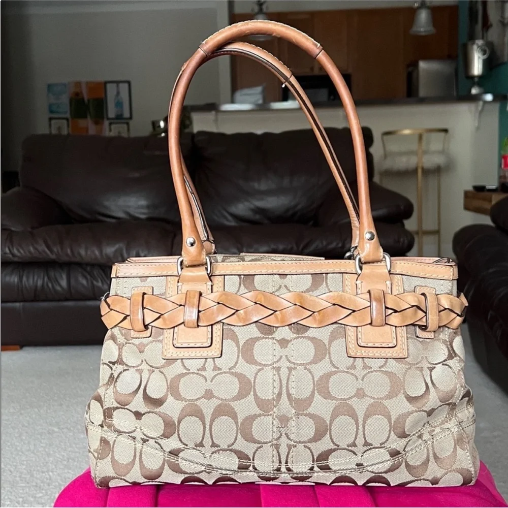 Coach Signature Canvas Shoulder Bag in Tan and Khaki - Picture 7 of 17